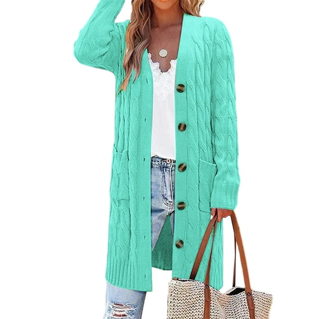 Bellella Women Sweaters Long Sleeve Cardigans Button Up Cardigan Sweater Mid Length Open Front Outwear Ladies Jacket Light Blue S