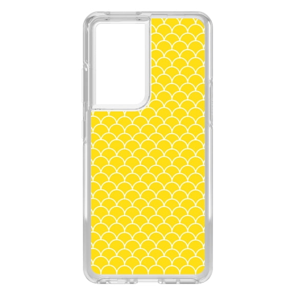 DistinctInk Clear Shockproof Hybrid Case for Galaxy S21 ULTRA 5G (6.8" Screen) - TPU Bumper, Acrylic Back, Tempered Glass Screen Protector - Yellow White Scalloped Pattern