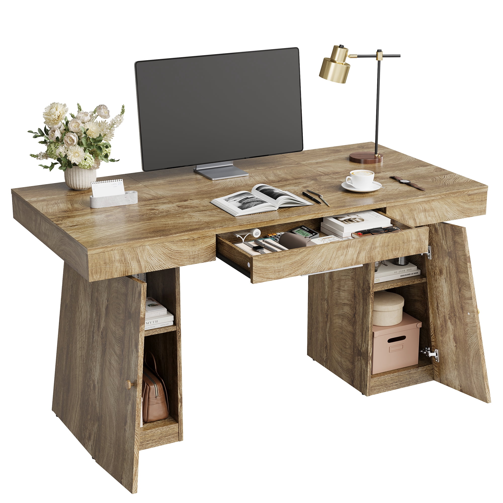 55 Inch Modern Computer Desk with Drawers & Closed Storage Cabinets, Heavy Duty 300 LBS MDF Gaming Writing Study Desk with Storage Shelves for Home Office