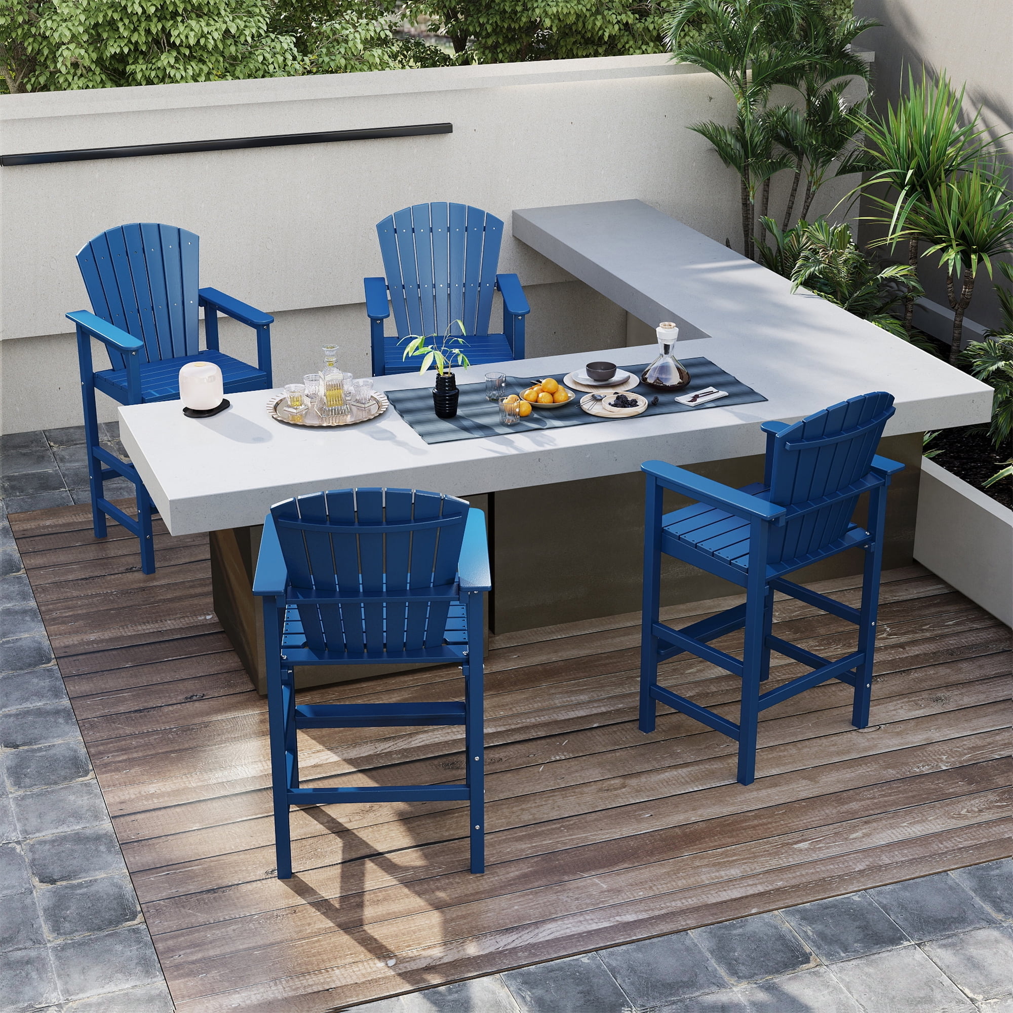 FOOWIN Tall Adirondack Chair Set of 2, HDPE All-Weather Adirondack Bar Stools with Connecting Tray, Blue