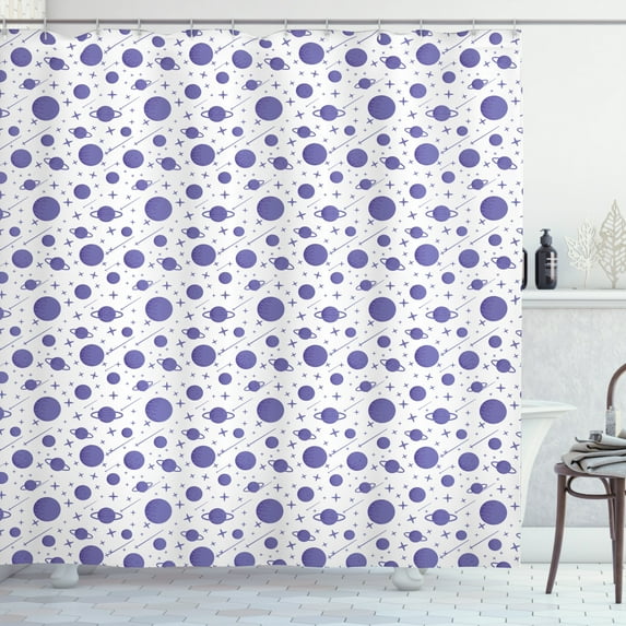 Cosmic Shower Curtain, Planets Stars Mercury Jupiter Space Galaxy Comet Asteroid Graphic, Fabric Bathroom Set with Hooks, 69W X 84L Inches Extra Long, Dark Ceil Blue and White, by Ambesonne