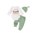 thumbnail image 1 of xiaxaixu Newborn Boy Fall Outfit, Letter Print Long Sleeve Romper Solid Color Pants Hat 3 Piece Set, 1 of 9