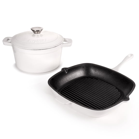 BergHOFF Neo 3pc Cast Iron Cookware Set, Grill Pan & Round Dutch Oven, White