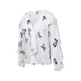 thumbnail image 4 of Blotona Women Button Down Ruffle Chiffon Shirt Solid Color Letter Butterfly Plant Print V-neck Long Sleeve Blouse Casual Classic T-Shirt Boho Tops, 4 of 10