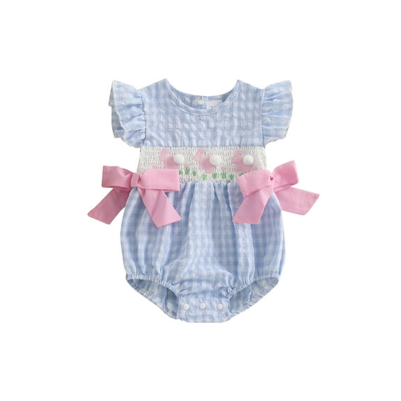Baby Toddler Girls Rompers Easter Clothes 3 6 12 18 24 Months Rabbit Embroidery Plaid Fly Sleeve Summer Bodysuits Jumpsuits