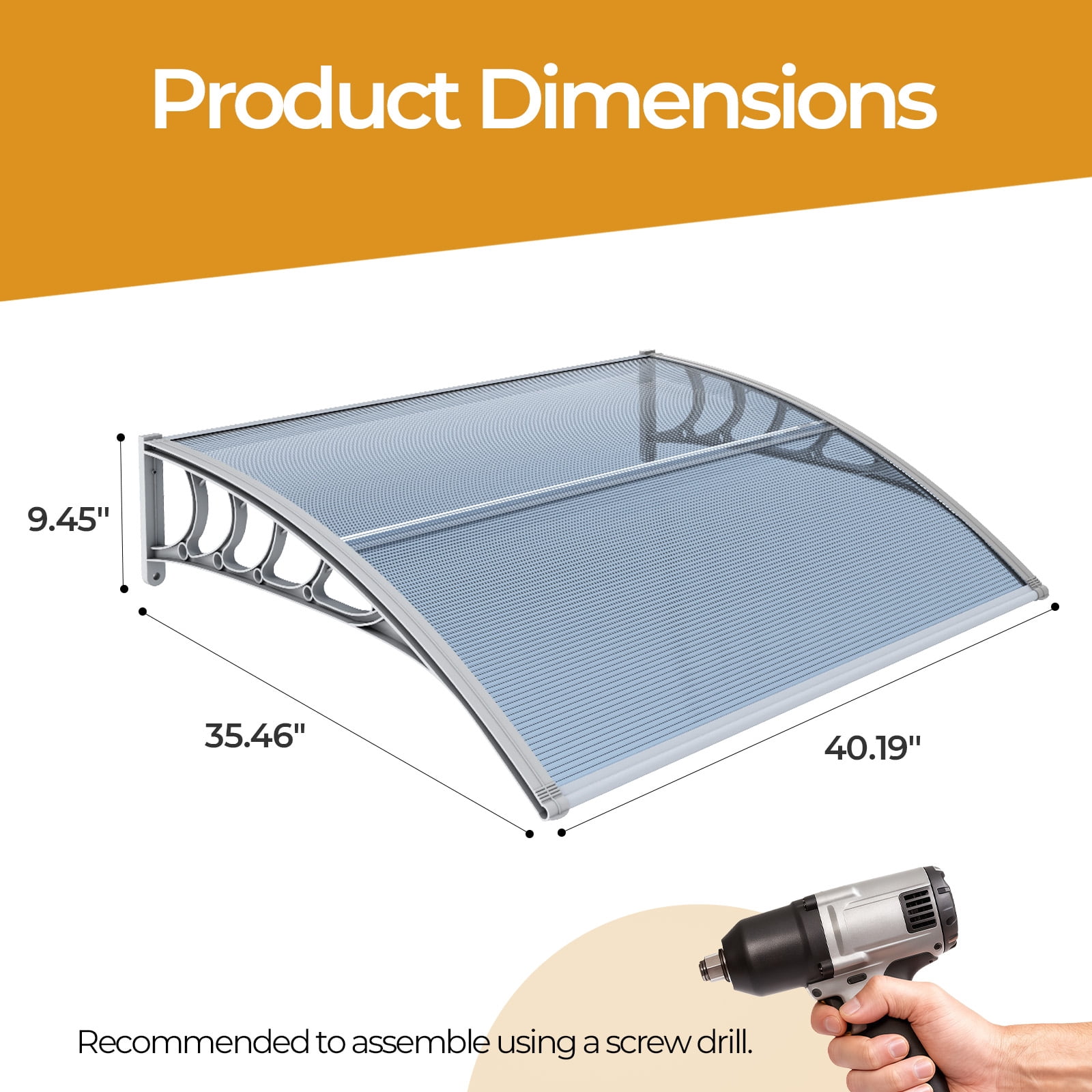 38×40 Inch Clear Polycarbonate Door Window Awning, Rust-Proof PP Bracket & Aluminum Bar Outdoor Rain Snow UV Protection Canopy for Entryway Patio AC Unit