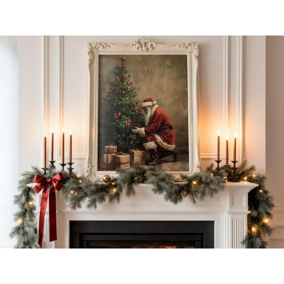 Vintage Santa Claus Christmas Printable Wall Art, Santa Decorating Tree with Gifts, Rustic Farmhouse Holiday Print, Festive Wall Décor, 32x48 UNFRAMED