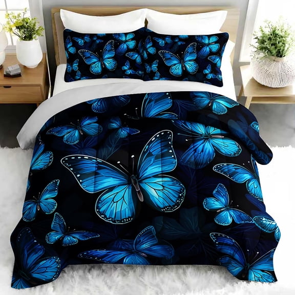 3pcs Blue Butterfly Comforter Set, Vibrant Butterfly Bedding Set for Bedroom or Guest Room Decor, All Seasons Quilt Machine Washable Duvet with 2 Pillowcases
