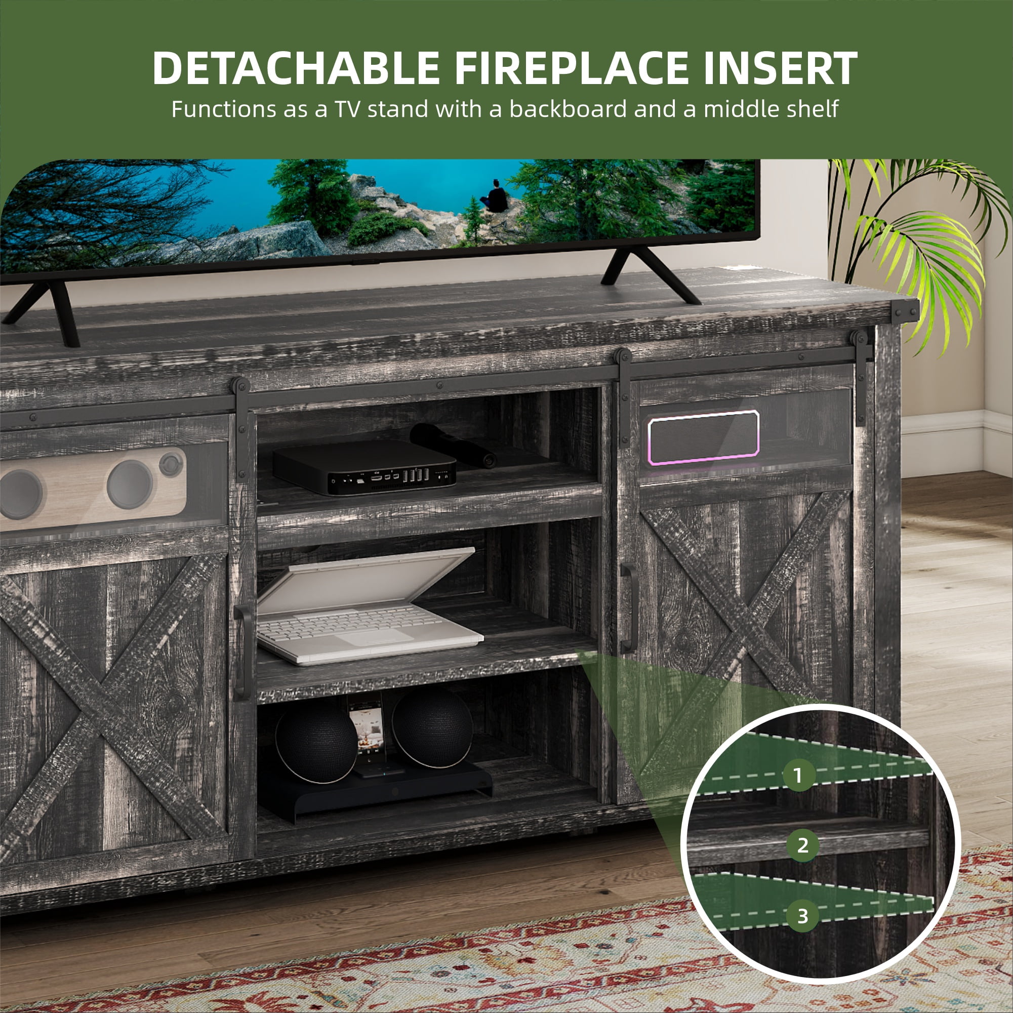 Uforic Farmhouse TV Stand for 75 inch TV, Entertainment Center with Power Outlet, Storage Drawers, TV Console,Dark Rustic Oak