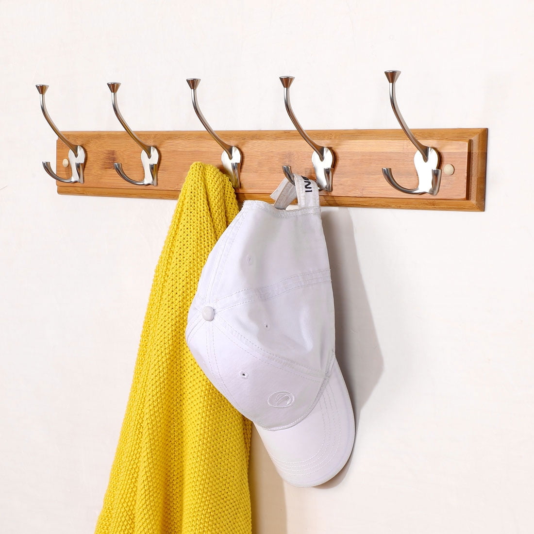 Bamboo Base 23.6 Inch Wall Hook Coat Rack Holder Hanger with 5 Zinc