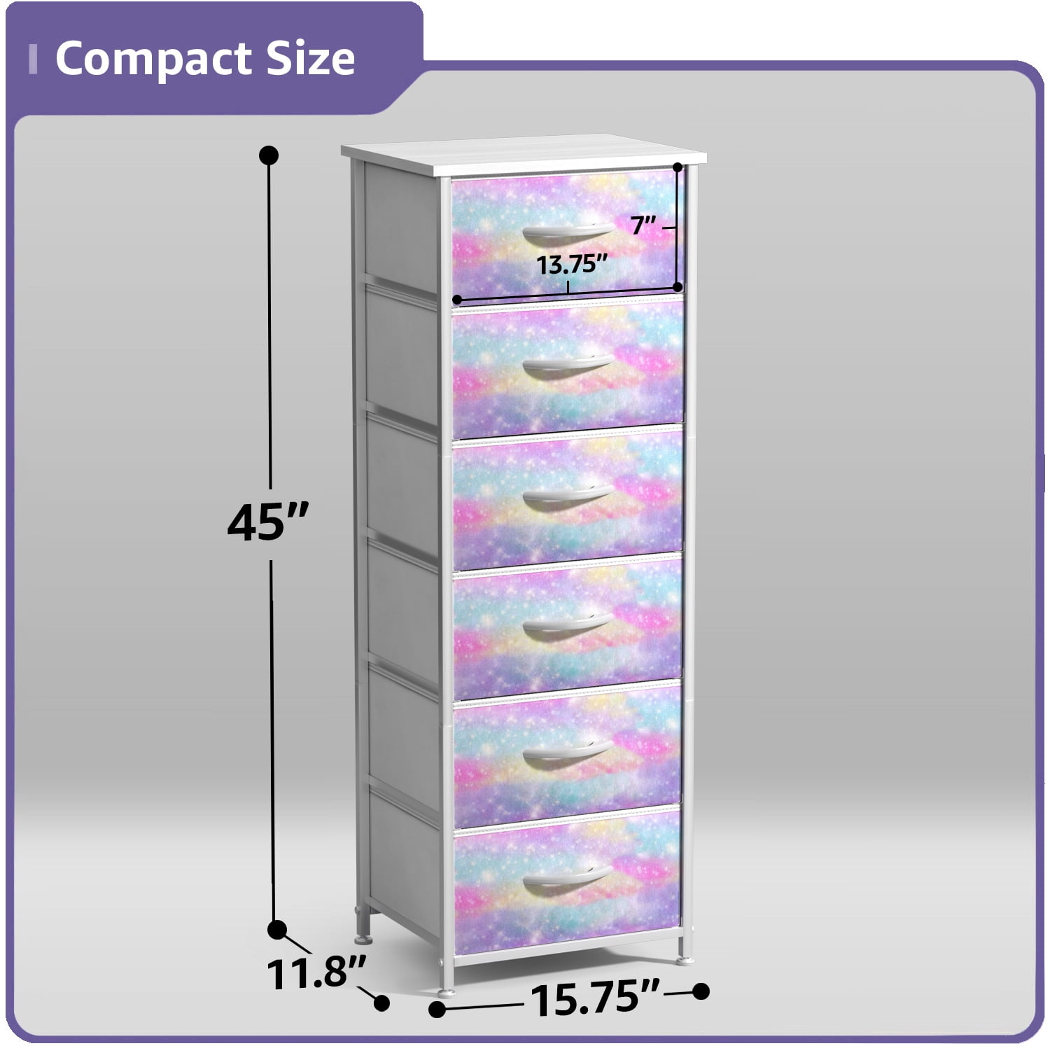 Sorbus 6-Drawer Fabric Dresser, Kids Bedroom Storage Tower, Rainbow Sparkle