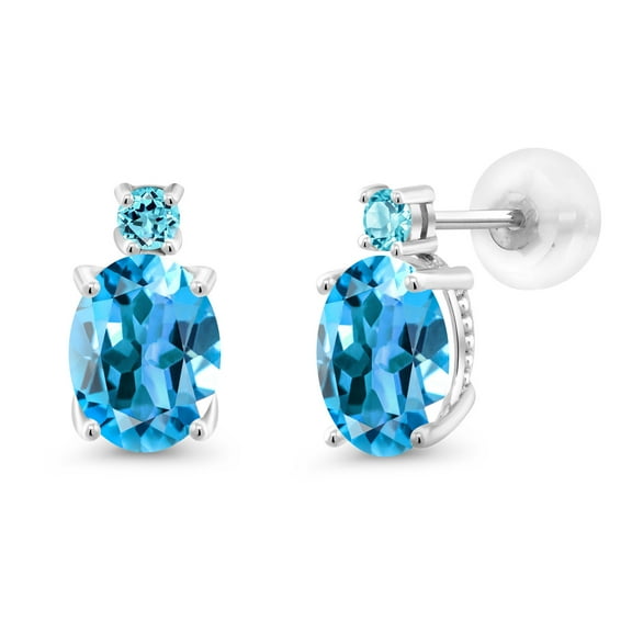 Gem Stone King 14k White Gold Swiss Blue Topaz Earrings for Women (2.76Cttw, GemstoneNovember Birthstone, Oval 8X6MM, Round 2.5MM)
