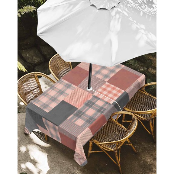 Outdoor Tablecloth with Umbrella Hole, Rustic Checkered Pattern Zippered Table Cloth for Rectangle Tables, Farm Splicing Buffalo Plaid Washable Waterproof Tablecloths for Picnic Patio Garden