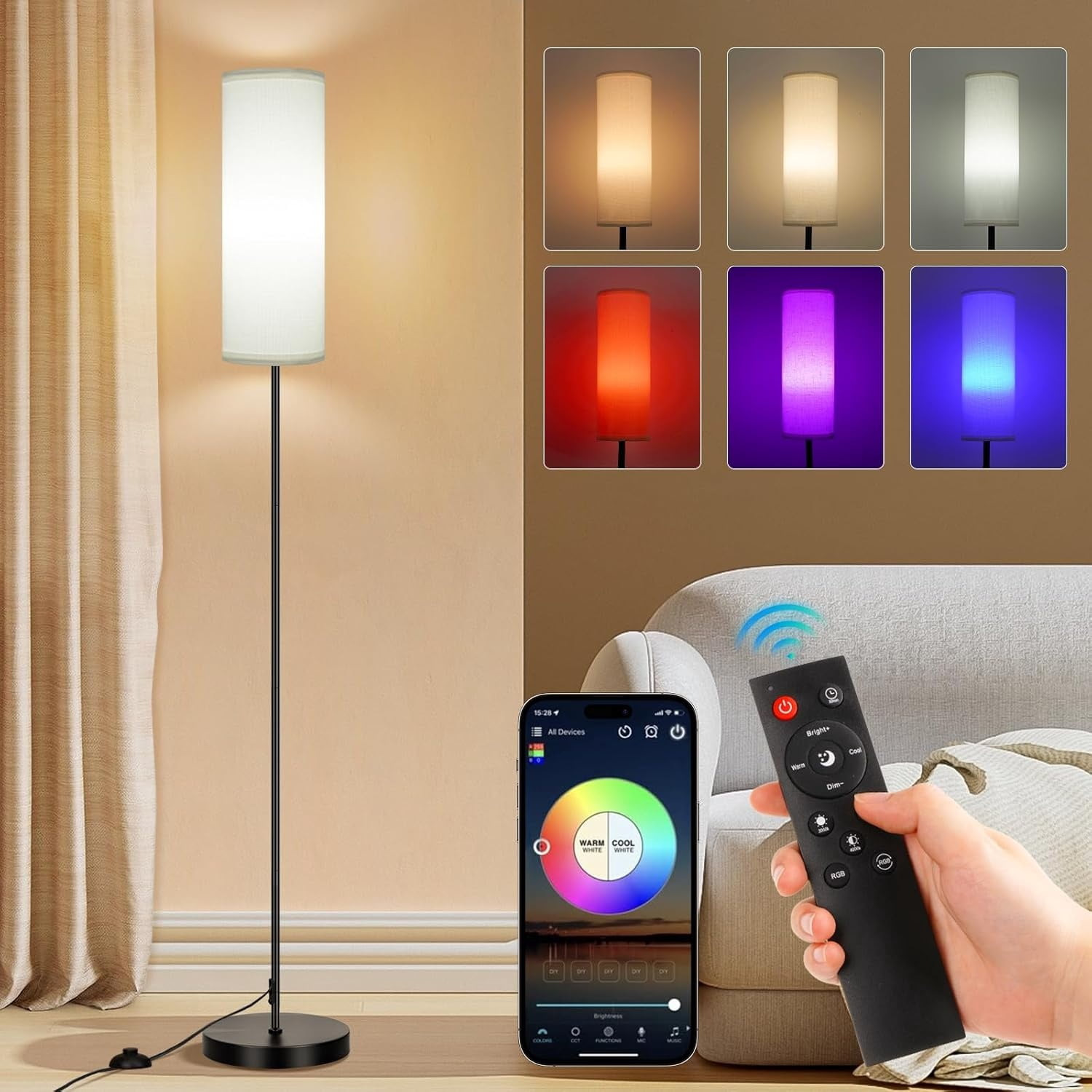 Floor Lamp, Color Changing Ambient Lighting for Living Room & Gaming Decor, Smart Standing Lamp with App & Remote Control, Tall Corner Lamp for Bedroom, Foot Switch, White Shade