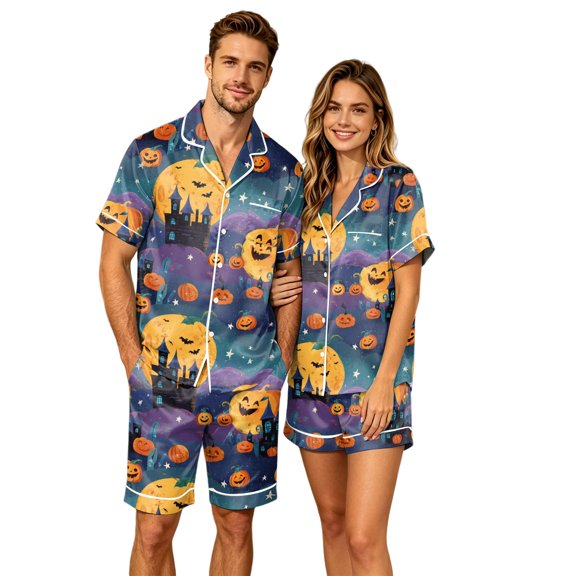 JULMCOMO Halloween Couples Matching Pajama Sets Pumpkins Print Collared Button Down Holiday Two Piece Sets Cute Printed Comfy Soft Pajamas Sky Blue-Women 2XL