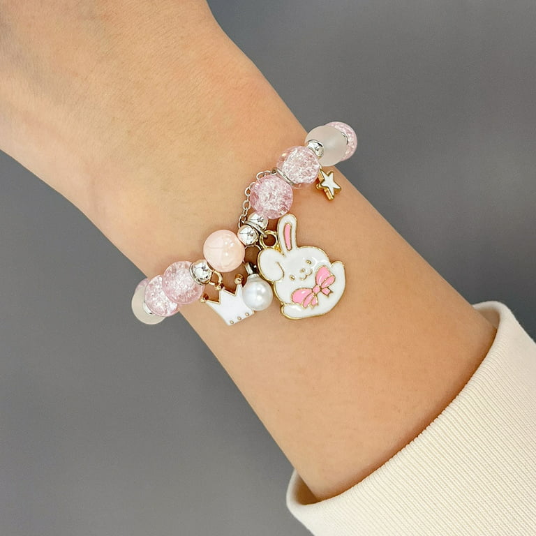 Rabbit Charm Bracelet Hand-Enameled, Pearls, and Bunny Charms for