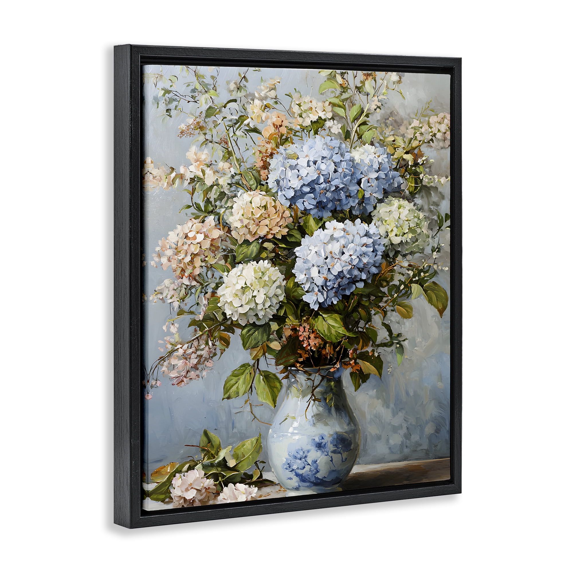 Stupell Industries Classic Hydrangeas & Leaves Floral Painting Black Floater Framed Canvas Art Print Wall Art, 17 x 21
