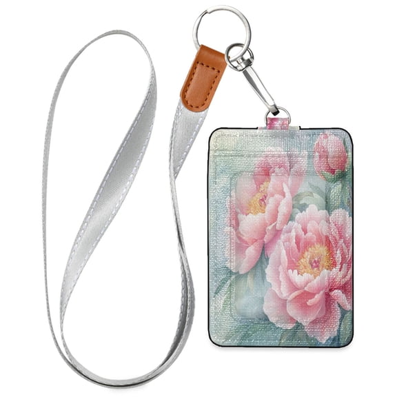 PU Leather ID Badge Holder Stylish Badge Holders with Lanyard (4.3x2.8x0.3in) for Cards & Credentials Pink Peony Flowers