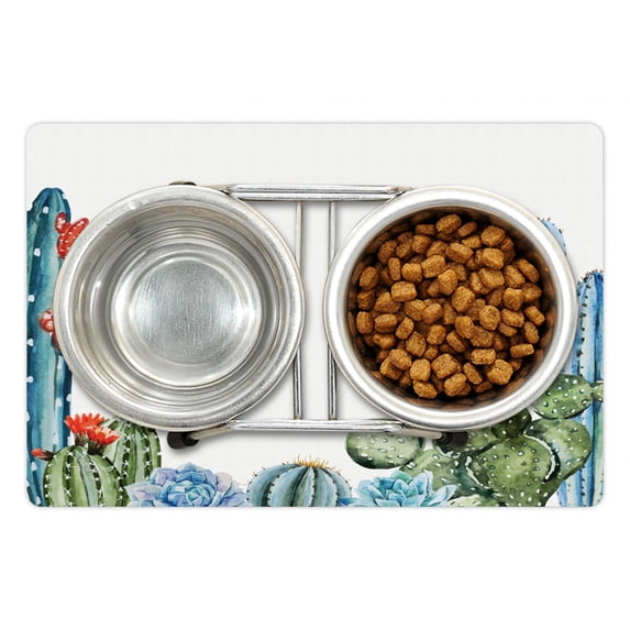 Cactus Pet Mat for Food and Water, Cacti Spikes Flowers Birds Cartoon Style Vintage Like Colored Artwork, Non-Slip Rubber Mat for Dogs and Cats, 18" X 12", by Ambesonne