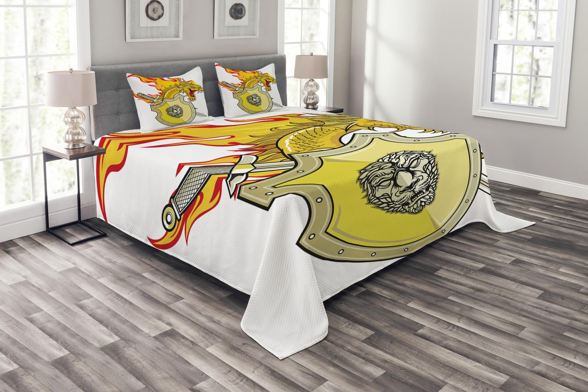 Dragon Bedspread Set King Size, Legendary Creature with Royal Shield