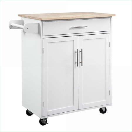 Kitchen Island Cart with Storage Drawer Cabinet & Towel Rack Rolling Wheels | White Rubberwood & MDF