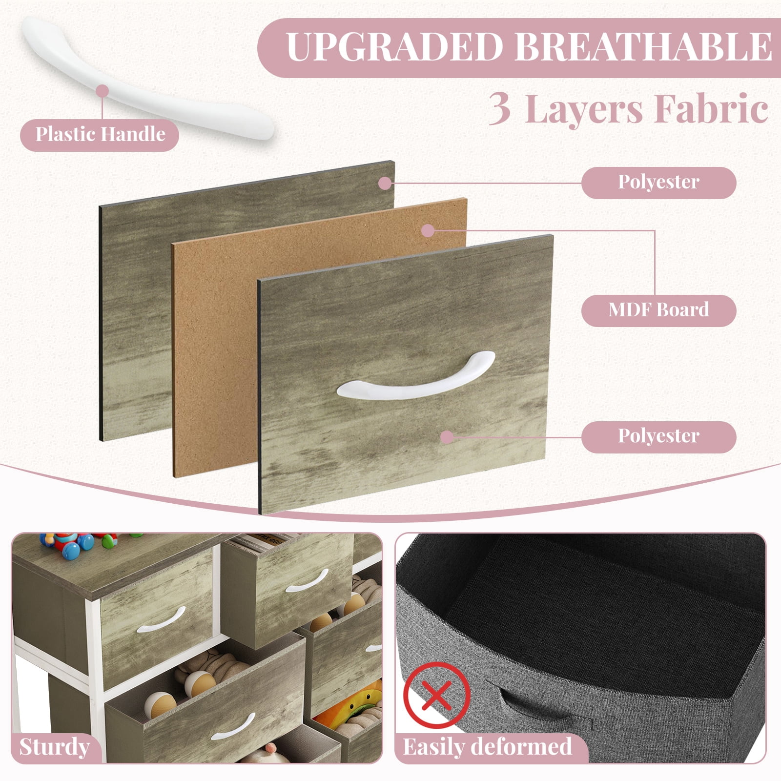 Dresser, Betcozy Storage Organizer with 7 Drawers for Bedroom, Chest of Drawers with Fabric Bins, Sturdy Metal Frame, Wood Tabletop for Guest Room, Closet, Entryway, Nursery, Smoked ash