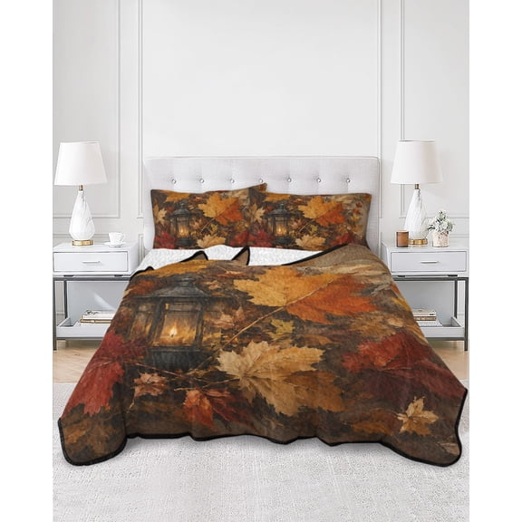 Quilts King Size, Thanksgiving Soft Comforter Bedding Set for Bed, Beige Fall Farmhouse Falling Maple Leaves Lightweight Quilted Bedspread with Pillow Cover(2 Pieces) for All Season, 96x106 Inch