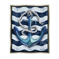 Stupell Industries Nautical Anchor Wavy Navy Stripes Graphic Art Luster Gray Floating Framed Canvas Print Wall Art, Design by Paul Brent