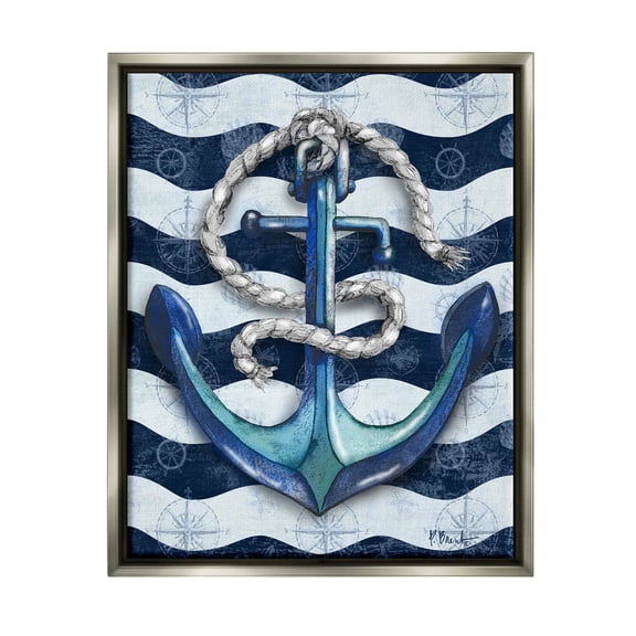 Stupell Industries Nautical Anchor Wavy Navy Stripes Graphic Art Luster Gray Floating Framed Canvas Print Wall Art, Design by Paul Brent