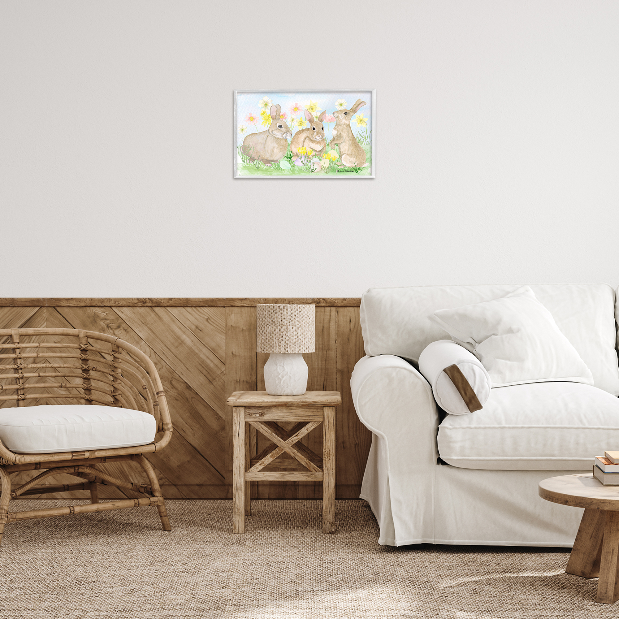 Three Bunnies In The Grass White Framed Giclee Art, design by Lee Ann Sanders