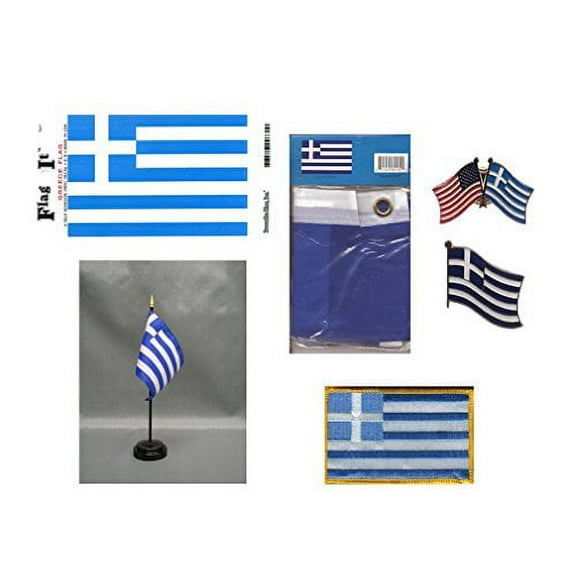 Greece Heritage Flag Pack - Includes a Greek 3x5' Flag, Vinyl Flag Decal, One Single & One Double Friendship Flag Lapel Pin, Miniature Desk Flag with Stand & One Iron-On Flag Patch