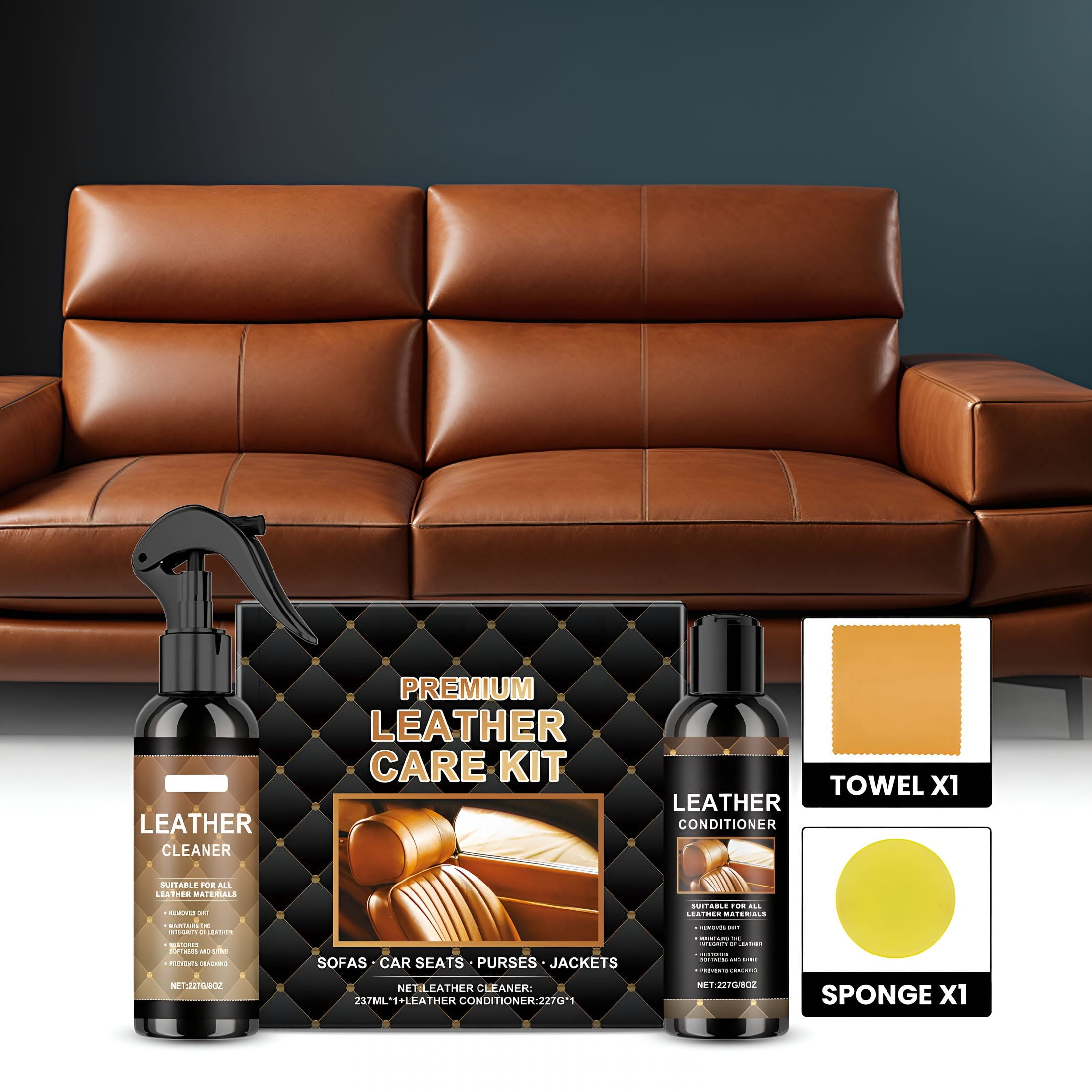RAGUPEL Complete Leather Care Kit: 8Oz Cleaner, 8Oz Conditioner, Sponge and Towel, Non-Toxic Leather Care, Restore Couches, Car Seats and Interior, Jackets, Shoes and Bags, for Any Color