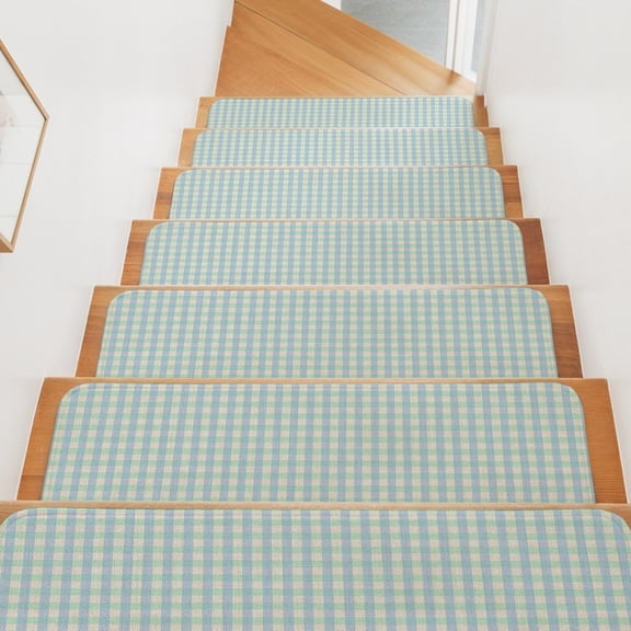 Stair Treads for Wooden Steps Indoor, Buffalo Plaid Stair Tread 4 Pack Adhesive Non Slip Carpet Stair Tread Mat Blue Linen Classic Checked Staircase Step Treads for Kids Elders Dogs 8"x30"