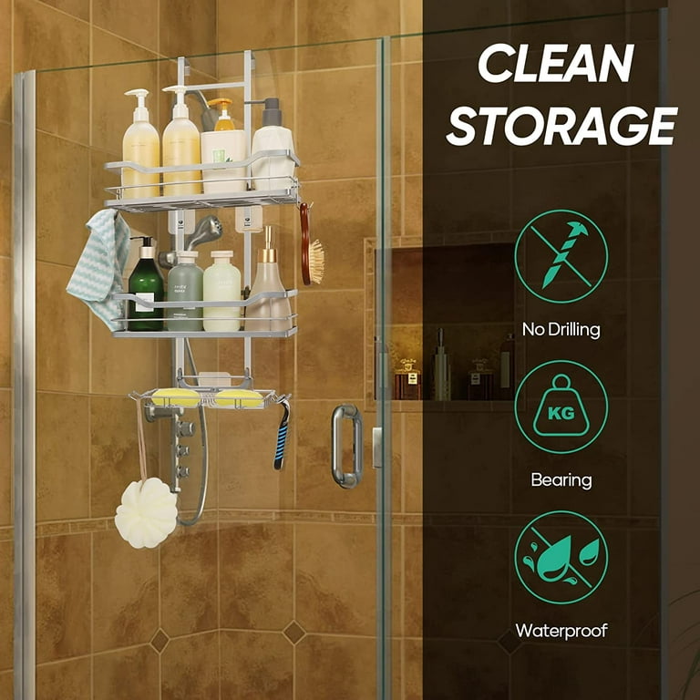 Gaseawolf Over Shower Door Caddy, Hanging Organizer With 2-Tier Rack and  Hooks, Holds Body Wash, Shampoo, Soap, Razor, Towel