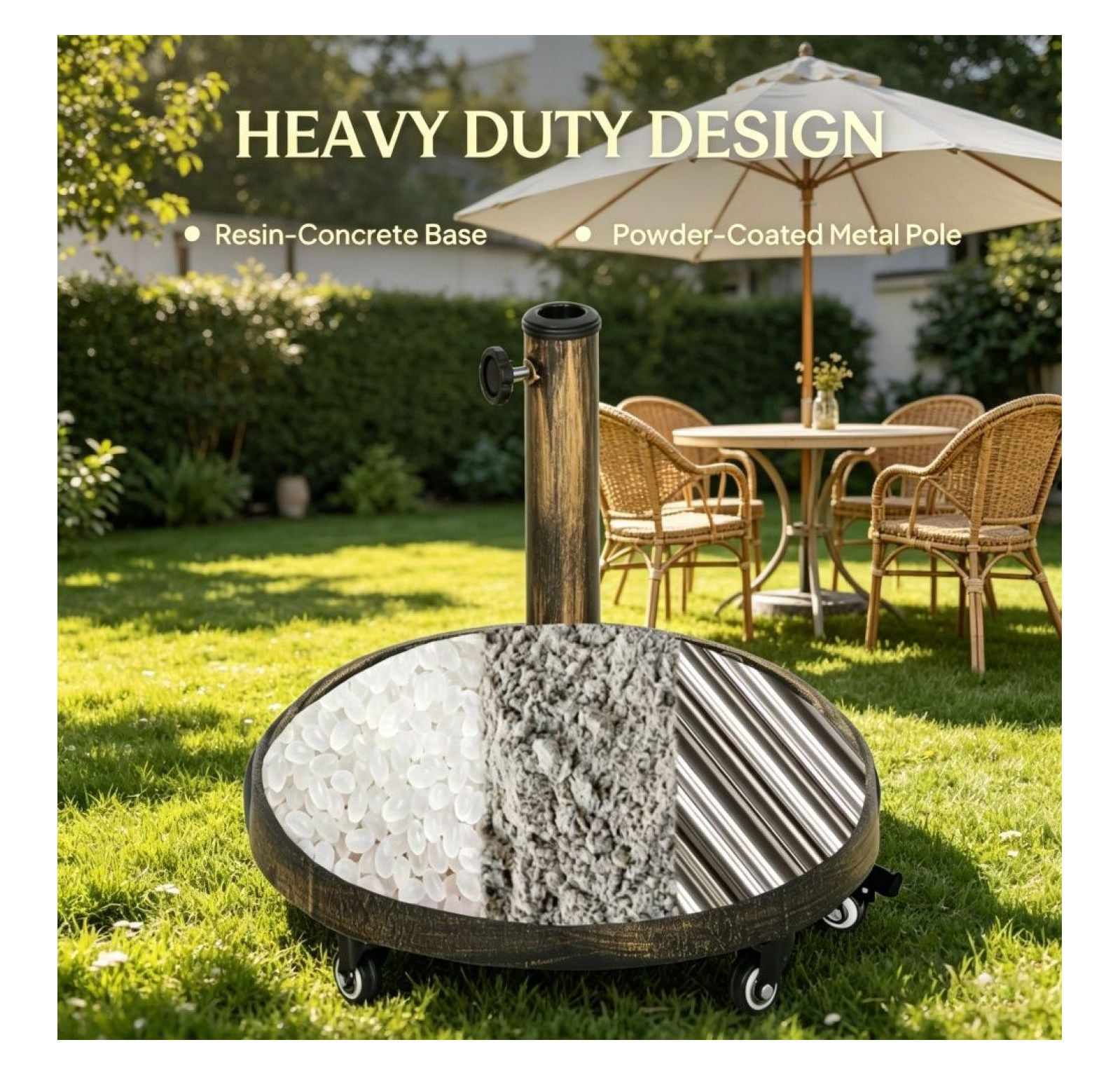 Outdoor Umbrella Base 9.2', Patio Umbrella Stand with Wheels & Brakes, Bronze Resin Concrete Base for 1.3"-1.9" Pole, Garden Deck Poolside