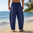 thumbnail image 4 of Homeyce Men Casual Cotton Linen Pants Elastic Waist Drawstring Wide Leg Pants with Pockets Cotton Linen Long Pants Loose Fit Summer Beach Lightweight Linen Dress Trousers,Blue S, 4 of 4