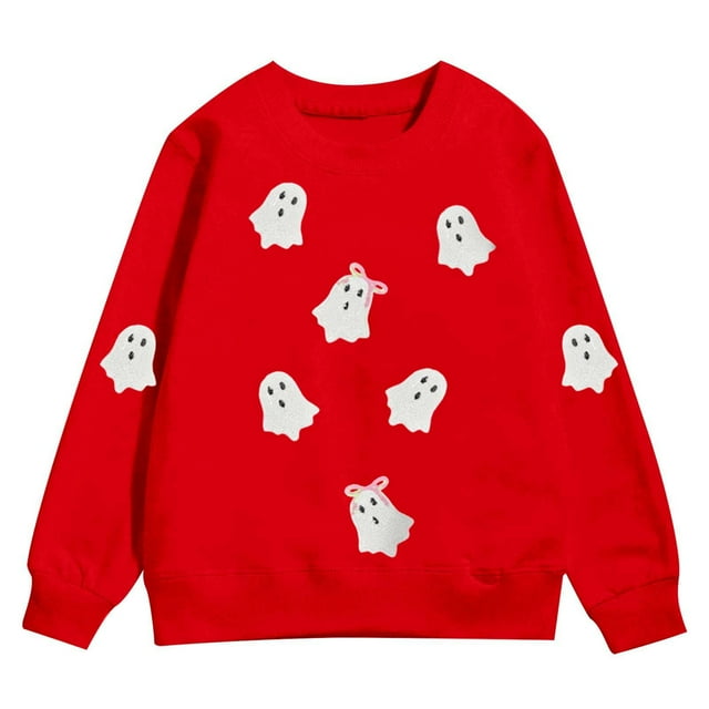 PMVFHDE Chandails à Capuchon et Chandails pour Filles Imprimé d'Halloween Chandail à Manches Longues à Enfiler pour Enfants Veste Douillette avec Joli Motif Rouge Melon D\'eau, 5-6 Ans
