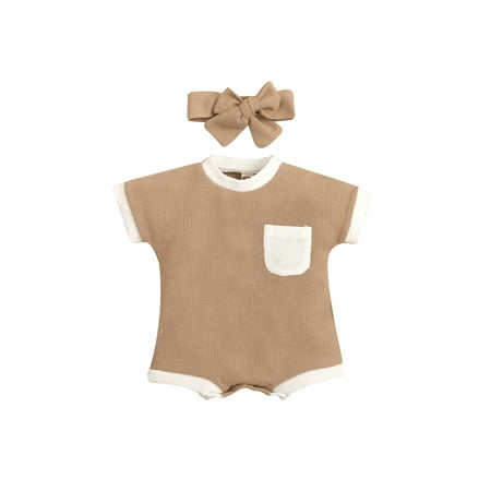 

Calsunbaby Infant Baby Girls Boys Romper Patchwork Round Neck Short Sleeve Waffle Bodysuit Summer One-Piece Clothes with Headband