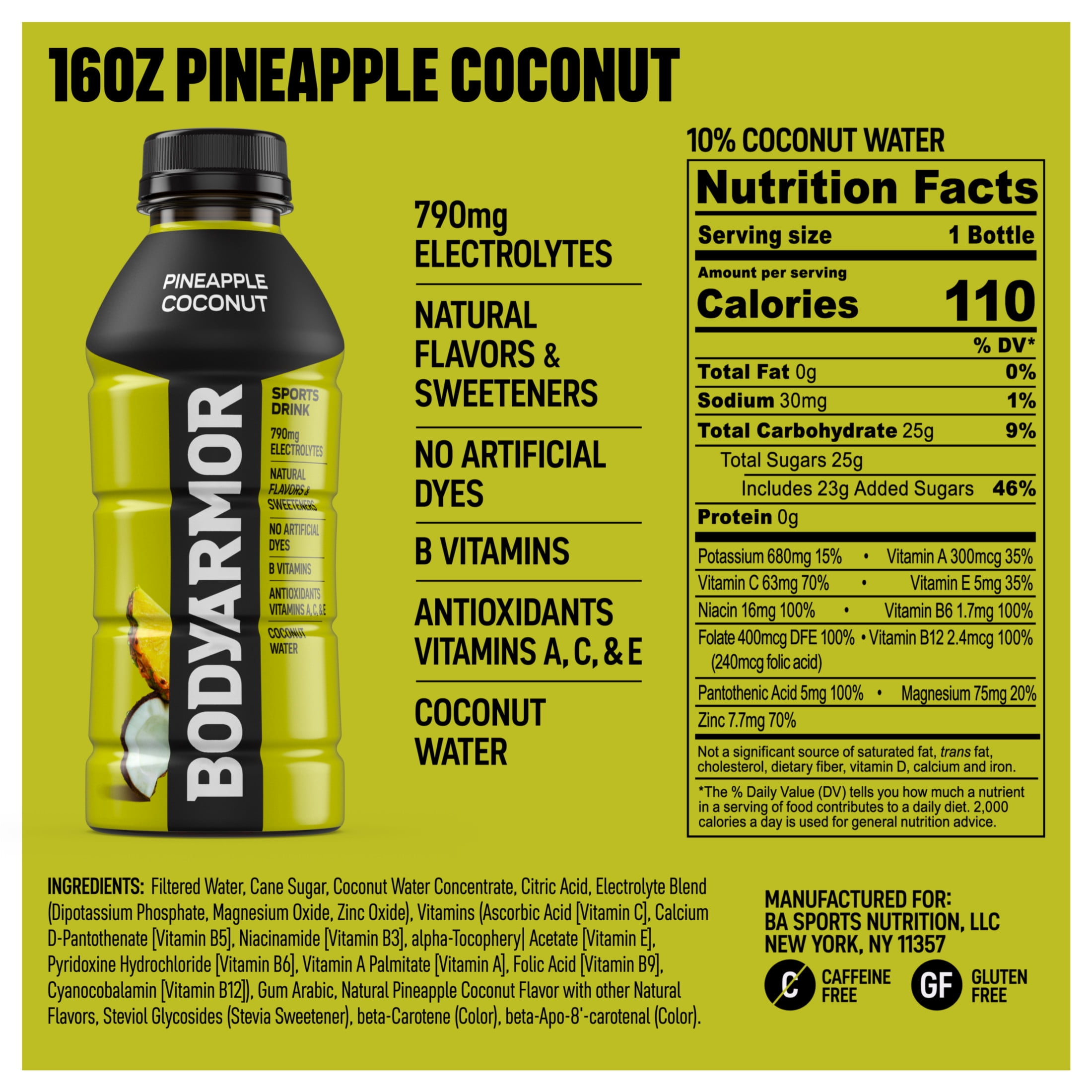 BODYARMOR Pineapple Coconut Electrolyte Sports Drink Bottles, 16 fl oz, 12 Pack
