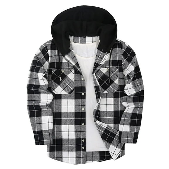 APEXFWDT Men's Flannel Hoodie Plaid Shirts Jacket Casual Long Sleeve Button Down Shirt Stylish Lightweight Hooded Shirt