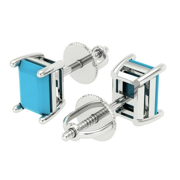 2 Ct Emerald Cut Studs Blue Turquoise 18K White Solid Solid Gold Everyday Dainty Earrings Screw Back