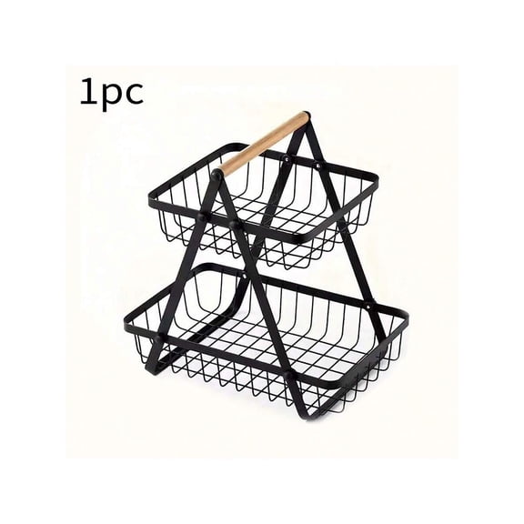 2 Tier Fruit Basket for Kitchen Countertop with Detachable Wood Handle, Metal Wire Bread Vegetable Storage Stand, Black Tiered Organizer Tray