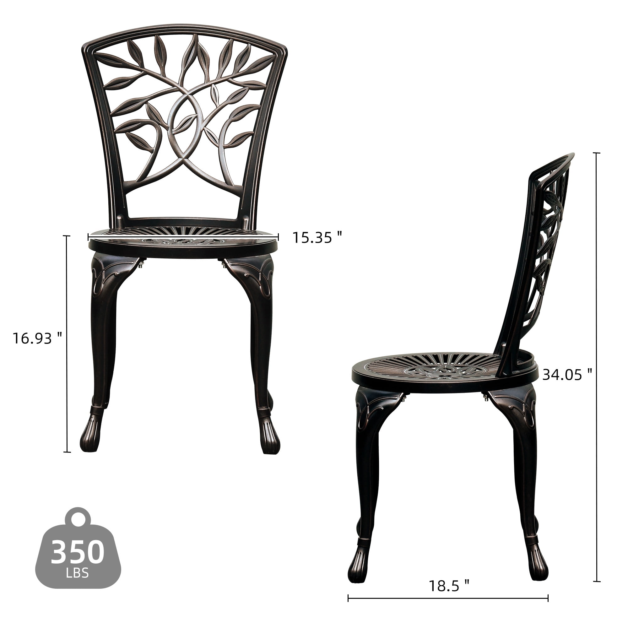 Dextrus Set of 2 Outdoor Cast Aluminum Dining Chairs, Patio Bistro Chairs with Adjustable Feet for Garden, Backyard, Balcony, Black