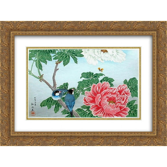Shotei Takahashi 2x Matted 24x20 Gold Ornate Framed Art Print 'Peony and Paddy-birds'