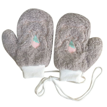 

Heiheiup Winter Thick Plush Warm Student Riding Gloves Cute Bear Cartoon Embroidery Cold Gloves Womens Winter Bibs