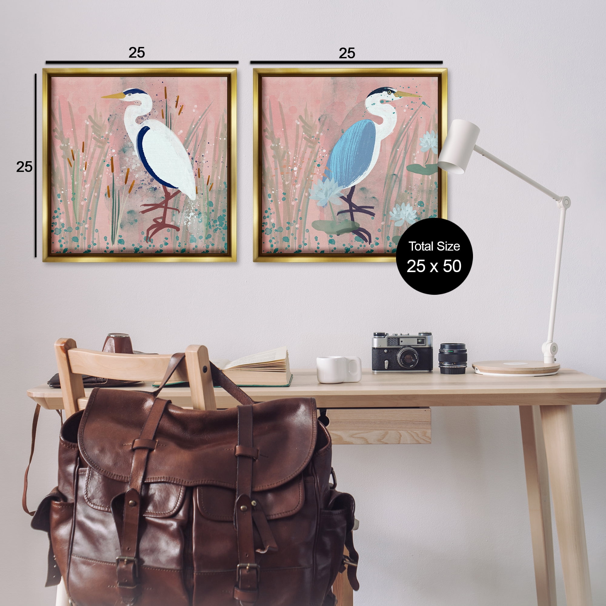 Stupell Industries Blue Heron Egret Cattail Marsh Animals Painting Gold Floater Framed Canvas Art Print Wall Art, 25 x 25, Set of 2