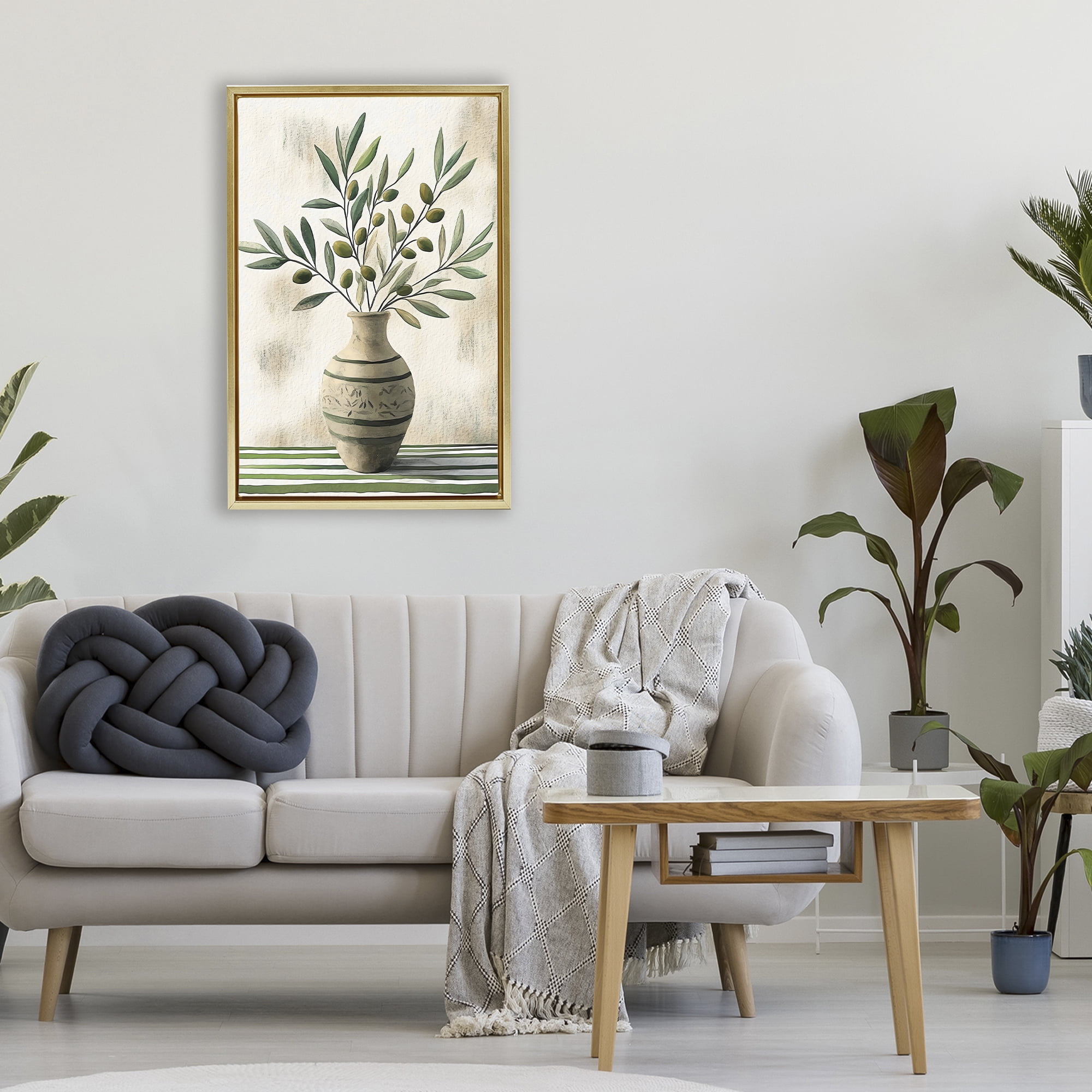 Stupell Industries Vase of Olive Branches Gold Framed Floater Canvas Wall Art, design by Creative Studio