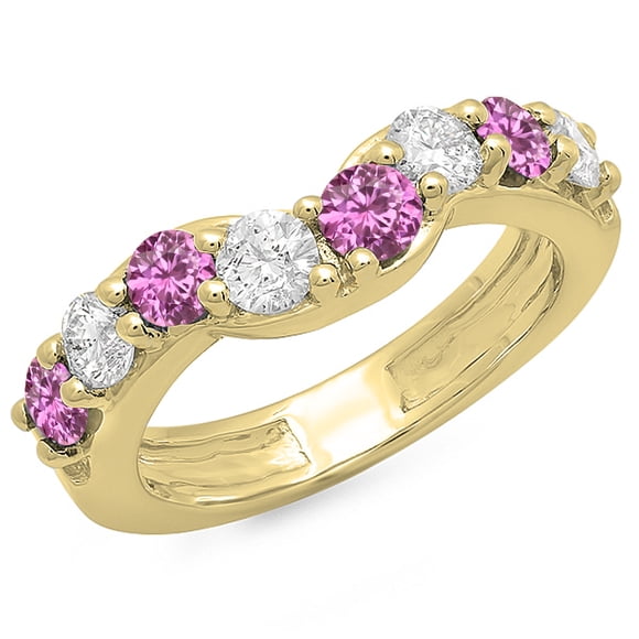 Dazzlingrock Collection 14K Alternate White Diamond & Pink Sapphire Anniversary Wedding Matching Band, Yellow Gold, Size 4