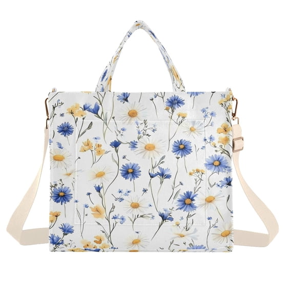 Corduroy Tote Bag for Women Shoulder Handbags Fashion Ladies Purses Satchel Messenger Bags Blue and Yellow Wildflowers S
