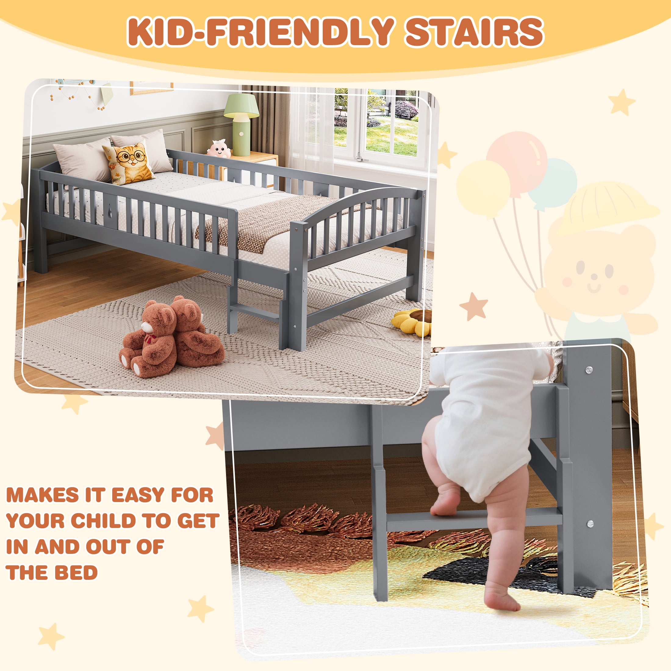 Sesslife Twin Platform Bed Frame, Solid Wood Montessori Toddler Bed Frame with Safety Guardrails and Ladder for Kids, Low Profile Twin Floor Bed with Slats, No Box Spring Needed, 400 lbs, Grey